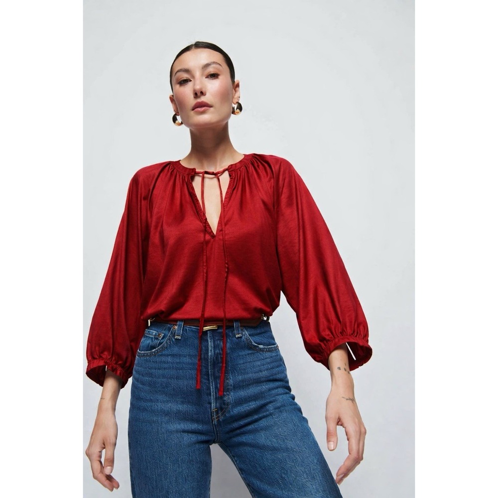 Nation LTD Cherry Red V-Neck Blouse | Frayed Hem | 100% Viscose Size S